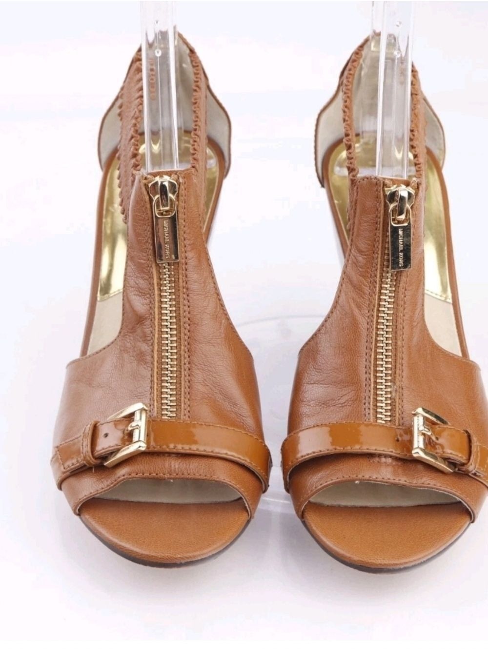 MICHAEL KORS strappy Wedge Sandals Cognac leather sandals zip buckle detail 8.5